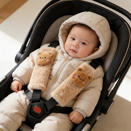 Image of Baby Car Seat Neck Cover, Baby Strap Pad, Car Seat Strap Cover, Car Seat Belt Cover Boy Girl, Baby Neck Pad, Car Strap Pad Fleece, Belt Pad Plush Doll, Seat Belt Pads (Bear Doll in Brown Fleece)