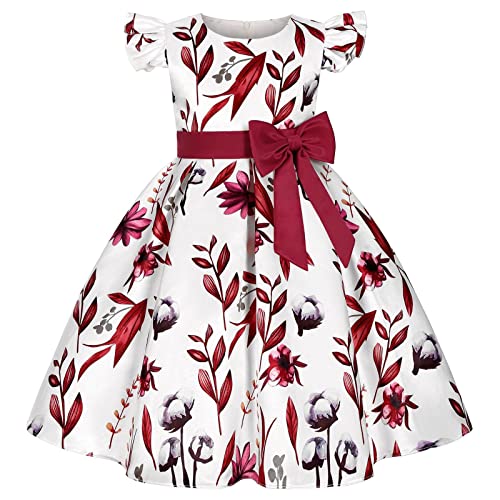 Girls Casual Floral Print Dress with Belt Short Puff Sleeve Smocked Waist Ruffle Puffy Wedding Dress for Party