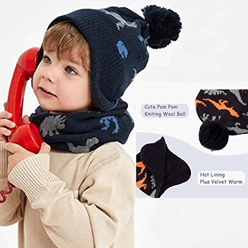 Image of ACTLATI Winter Dinosaur Boy Winter Hat Scarf Mittens Set Warm Beanies Earflap Fleece Pompom Lining Cap for Toddler Kids