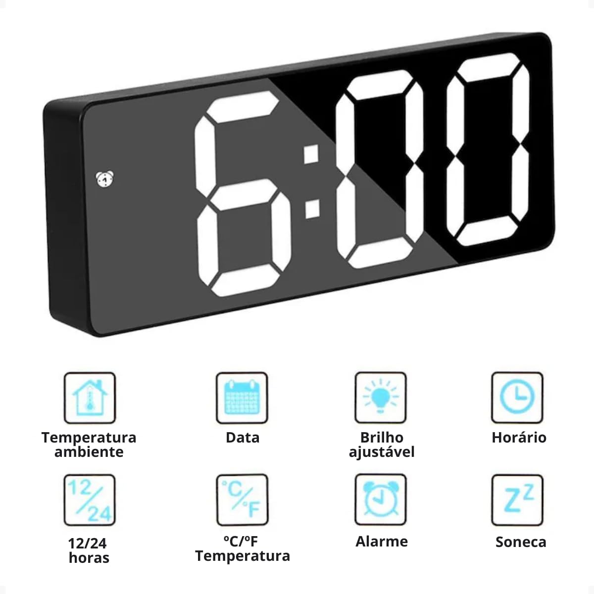 Relogio Despertador Led Para Quarto Com Luz Noturna E Temperatura Relógio De Mesa USB Digital Visor 12/24h Brilho Ajustável (Led Branca)