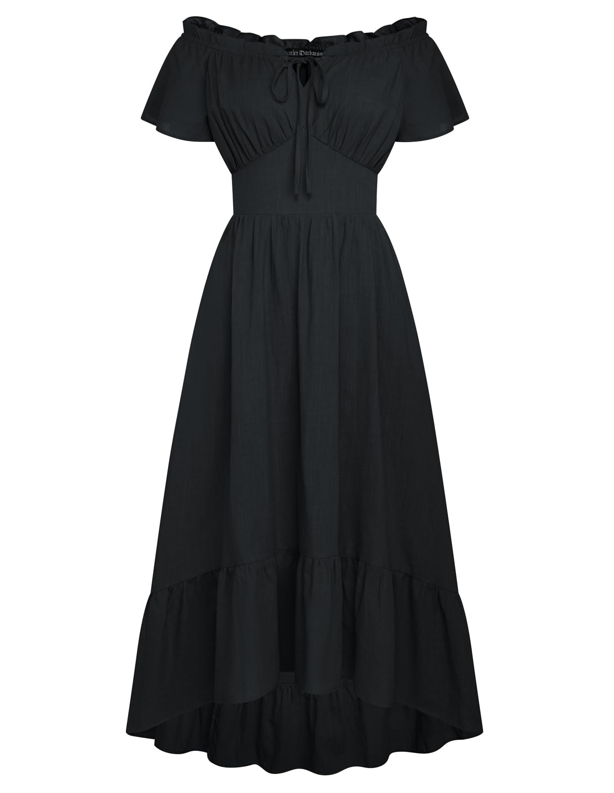 SCARLET DARKNESS Vestido largo renacentista con hombros descubiertos y dobladillo asimétrico para mujer