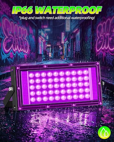 Image of 50W Black Lights, IP66 Waterproof Outdoor LED Black Light Floodlights with Switch, Plug, 6ft Cord for Glow Party, Body Paint, Fluorescent Poster, Halloween Decorations