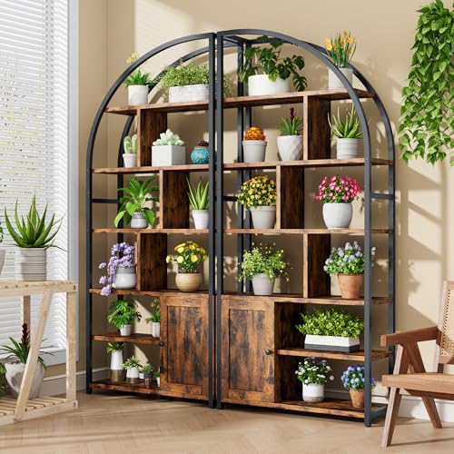Image of Jehiatek 71 inch Arc Gold Bookshelf with Storage Cabinet, Tall 6 Tiers Industrial Bookcase with Sturdy Metal Frame, Geometric Book Shelf for Lving Room, Home Office, Black and Brown
