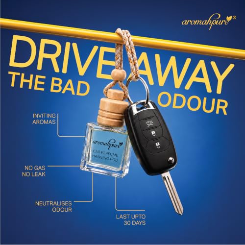 Image of Aromahpure Premium Car Perfume Hanging Pod |10 ML |Lavender Fragrance Car Air Freshener |Natural Essential Fragrance Oils in Glass Bottle with Wooden Diffuser Lid |Last upto 30 Days, IFRA certified