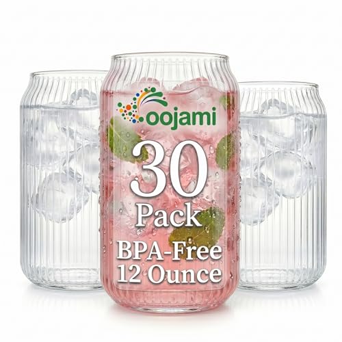 Oojami Can Shaped 12 oz Plastic Cups 30 Pack - Unbreakable Cocktail Glasses Disposable BPA-Free Shatterproof for Beer Iced Coffee Boba - Clear Ribbed Party Cups for Wedding Birthday Events