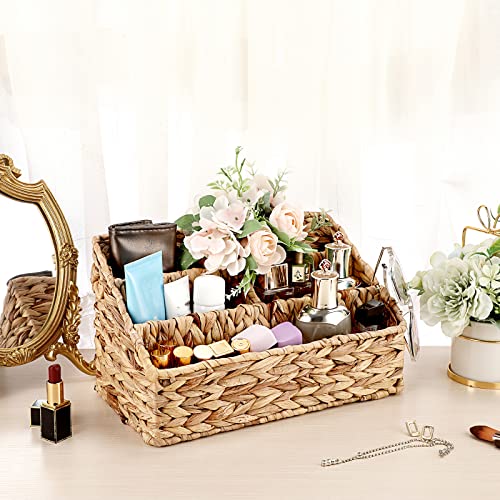 TOLIDA Gewebtes Schreibtisch Organizer Stiftehalter aus Wasserhyazinthe, Office Organizer Desk Organizer mit 4 Fächern Multifunktional Sortierer für Stifte Handys Buch Brief Papiere als Geschenk Deko