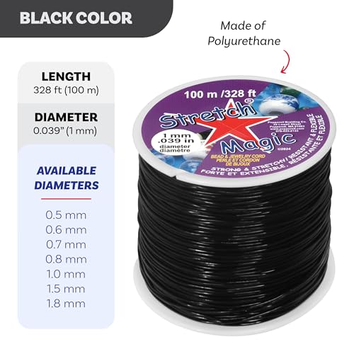 Image of Stretch Magic Elastic Beading Cord - Black Color, 1mm in Diameter, 100-Meter (328 ft) - Easy to Knot, Strong & Stretchy String for Making Beaded Jewelry