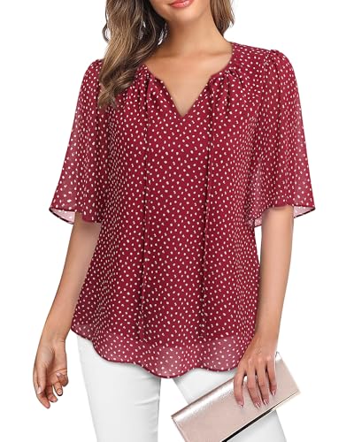 Vafoly Bluse Damen Elegant Festlich Kurzarm: Chiffon Bluse Frauen Sommer Tunika Casual Leicht V-Ausschnitt Blumen Frühling Doppellagige Boho Tunika Rot Tupfen M