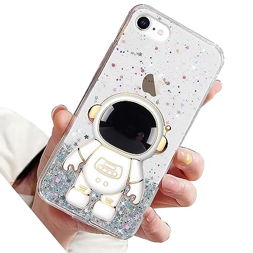 Rnrieyta Miagon Astronauta Cavalletto Brillantini Custodia per iPhone 6S/6,Glitter Trasparente Cover Morbida Silicone Protettiva Case con Astronaut Stand Supporto,Trasparente
