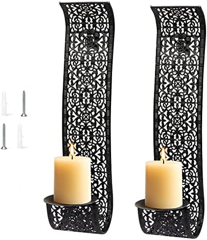 Wall Sconce Candle Holder, Wall Sconces Set of 2 for Pillar Candles, Farmhouse Wall Mounted Candle Holders, Black Metal Wall Sconces Decor for Living Room, Bathroom, Dining Room(Candles Excluded)