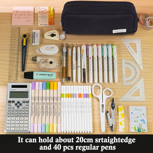 Image of MAMUNU Large Capacity Pencil Case, 3 Compartments Canvas Pencil Pouch with Zipper, Aesthetic Pencil Bag Pen Pouch for School Office Students Teen Girls Boys, Black
