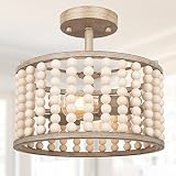 Farmhouse Boho Ceiling Light Fixture, 2-Light Bohemian Wood Beaded Semi Flush Mount Ceiling Light, D