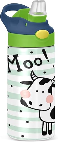 Kigai Cute Cow - Botella de agua para niños con tapa de pajilla, sin BPA, de acero inoxidable de 12 onzas, aislada al vacío, a prueba de fugas,