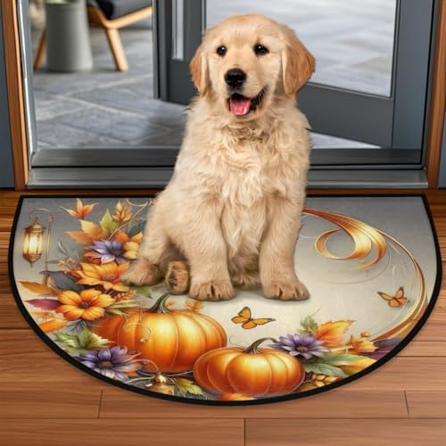 Image of Half Round Door Mat Autumn Butterfly Flower Pumpkin Non-Slip Semi Circle Area Rug Washable Half Moon Hearth Rugs for Indoor Outdoor Bathroom Kitchen Patio Runner Mat Laundry Room Home Decoration