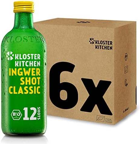 Kloster Kitchen Bio Ingwer Shot Classic, 6 x 360 ml | 12 Shots je Glasflasche, mit echten Ingwerstückchen, vegan, süß-scharf ohne Zusatzstoffe, (inkl. 1,50€ EINWEG Pfand)