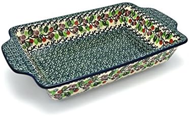 Polish Pottery Baker - Rectangular with Tab Handles - 7 cups - Burgundy Berry Green