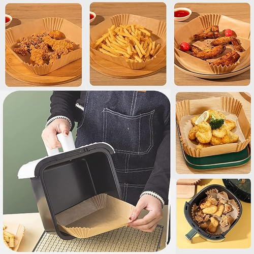 Image of 100 PCS Air Fryer Paper Sheets | Air Fryer Liners Disposable, 8 inch Square [Food Grade Material] Parchment Paper Liners Non-Stick & Oilproof for Airfryer, Baking, Roasting Microwave, Oven