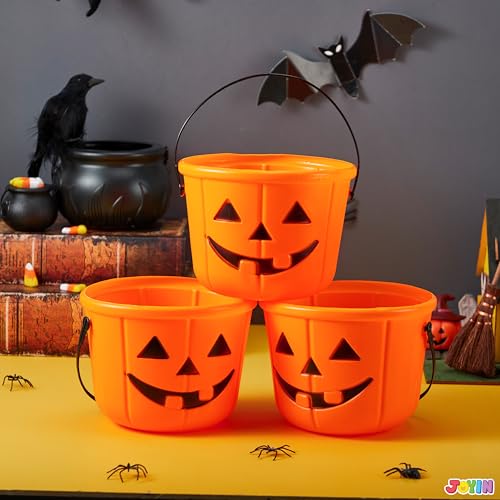 JOYIN 6PCS Halloween Trick or Treat Pumpkin Bucket, Jack O Lantern Candy Basket and Buckets for Trick or Treating, Orange Halloween Pails with Handle for Kids Halloween Party Favors Supplies Props - Thumbnail 6