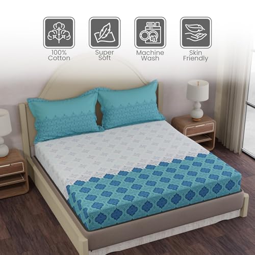 Image of Layers 100% Cotton King Size Bedsheet Set | Blue & White Ethnic Print | 120 TC Forever Collection | Soft & Breathable | Washable Bedsheet with 2 Pillow Covers | All Season