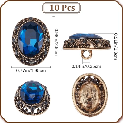 GORGECRAFT 10Pcs Whole Oval Cut Blue Zircon Rhinestone Vintage Copper Hollow Metal Shank Sewing Coat Buttons Cut Rhinestones for Uniforms Suits Blazer Coat Jacket 25mm*20mm - Image 2