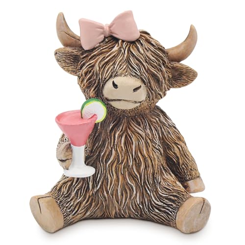 Nhemeylp Highland Cow Ornaments with Cocktail Handmade Wooden Home Ornaments for Women Unique Highland Cow Gifts Rustic Farmhouse Table Decor for Animal Lovers