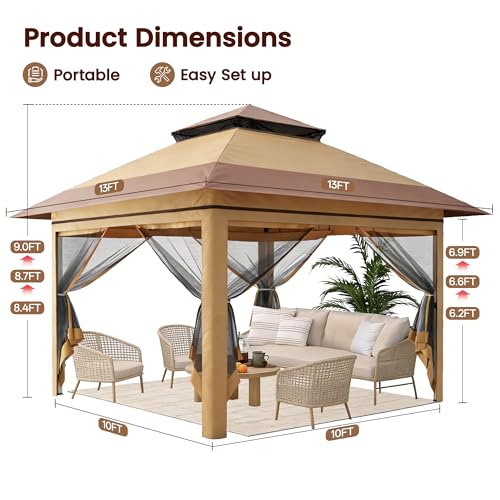 Driftalia 13x13 Pop Up Gazebo, Instant Outdoor Gazebo with Mosquito Netting, Vented Roof and Carry Bag for Patio, Garden & Backyard - Beige & Coffee - Image 4