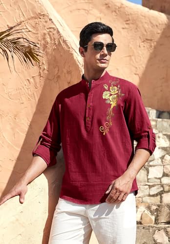Image of Zombom Men's Cotton Polyester Blend Mandarin Collar Self One Design Printed Full Sleeve Casual Short Kurta Shirt