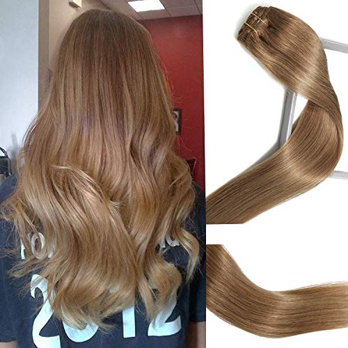 Remy Human Hair Clip Hair Extensions #12 Golden Brown 70g 7 Pieces 22 Inch Silky Straight Clip in Extensions