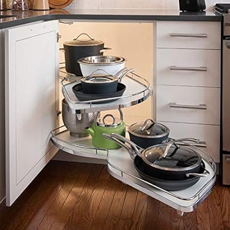 Amazon Com Kitchen Inventions Lemans Ii Set 2 Shelf Lazy Susan With Soft Close For Blind Base Corner Cabinets Chrome And Gray 574 Sq Model 40 Tray Size 12 Swings Right Home Kitchen