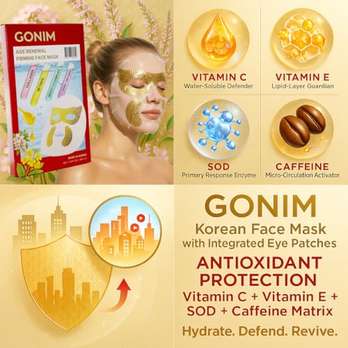GONIM Korean Face Mask with Integrated Eye Patches with PDRN, Caffeine, Retinol, Collagen Face Mask, Hydrating Face Masks, Hyaluronic Acid Serum Sheet Mask Korean Skin Care Anti Aging 35ml/1.18ozx4