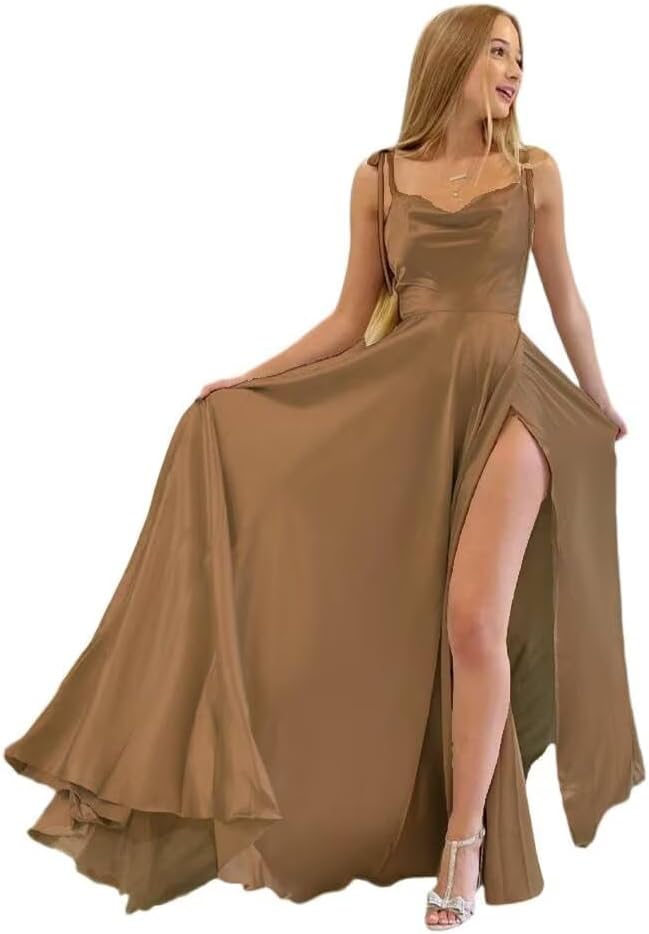 FOOHJMH Long Bridesmaid Dress for Wedding Satin Prom Dresses Lace Up Evening Party Gowns