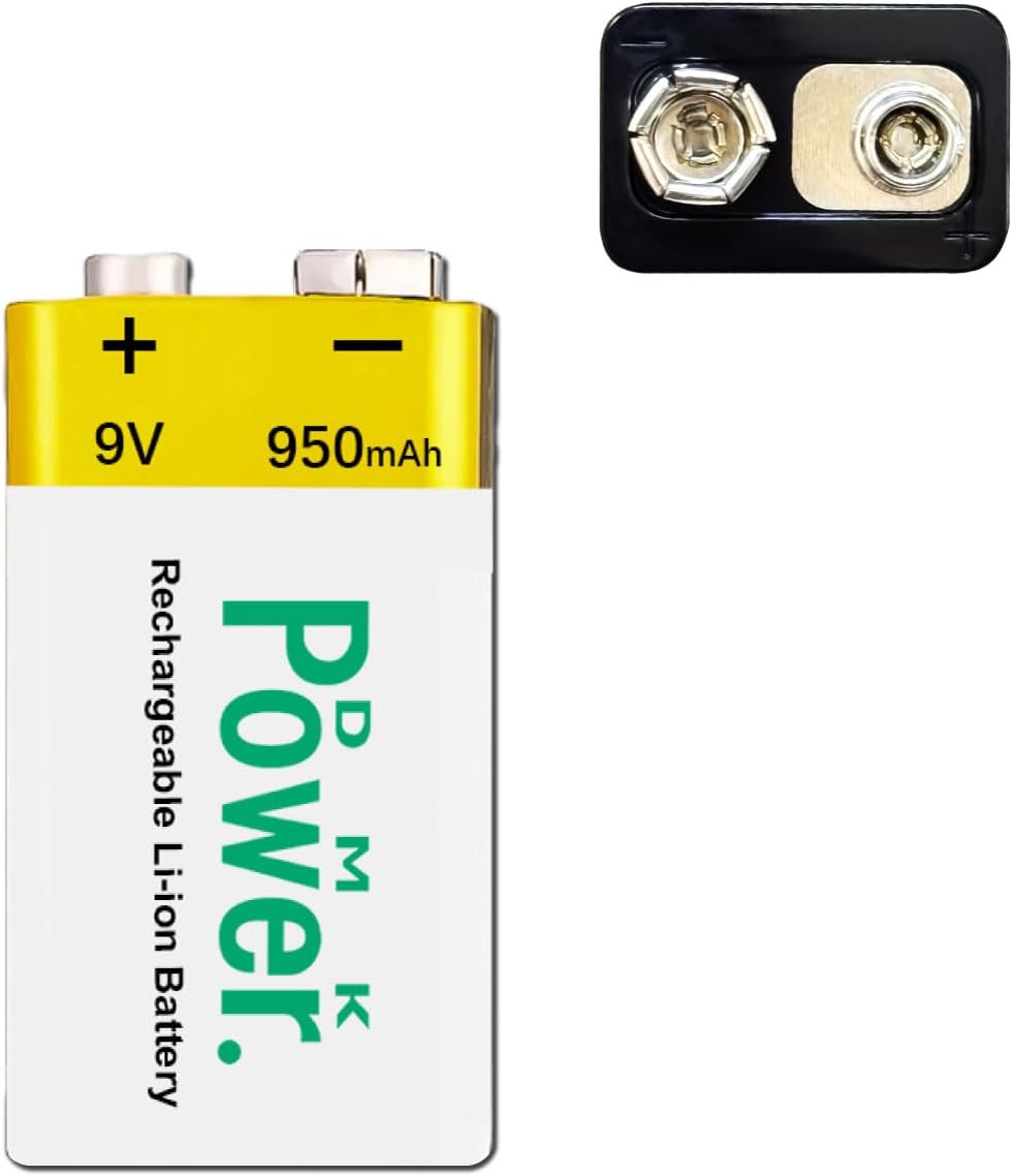 DMK Power 9V (950mAh) Rechargeable Li-ion Batteries, Low Self-Discharge Square Battery Compatible with Smoke Alarm/Detector,