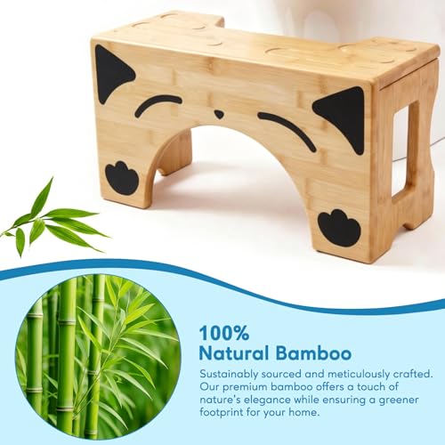Image of Foldable Toilet Stool, Bamboo Squat Stool for Bathroom, Space-Saving Poop Stool with Comfortable 7 inch Daily Use Height, Potty Stool for Improved Posture, Optional 9 inch Height Mode (Cat Design)