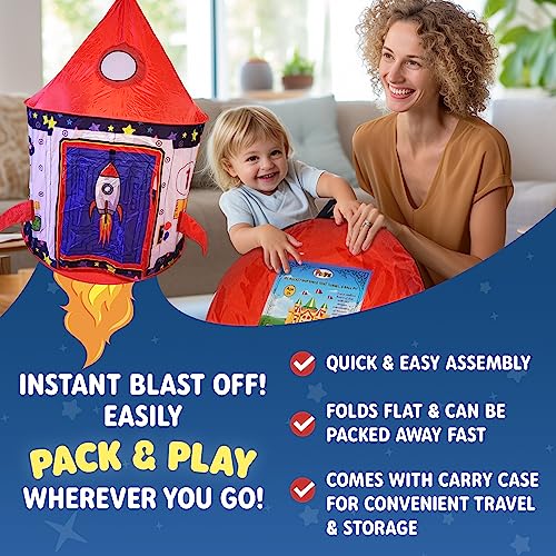 Playz 3Pc Rocket Ship Astronaut Kids Play Tent, Tunnel, & Ball Pit With Basketball Hoop Toys For Boys, Girls, Babies, And Toddlers - Stem Inspired Educational Galactic Spaceship Design W/Planets #TOP4