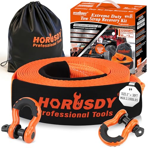 HORUSDY Nylon Heavy Duty Tow Strap Recovery Strap with Hooks 3" x 30Ft - 32,000 LBS Break Strength, 3/4 D Ring Shackles (2pcs), Recover Your Vehicle Stuck in Mud/Snow
