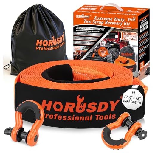 HORUSDY Nylon Heavy Duty Tow Strap Recovery Strap with Hooks 3" x 30Ft - 32,000 LBS Break Strength, 3/4 D Ring Shackles (2pcs), Recover Your Vehicle Stuck in Mud/Snow.