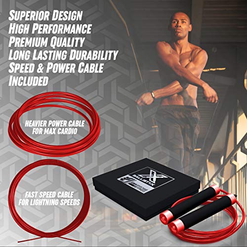 Ballistyx Jump Rope - Premium Speed Jump Rope with 360 Degree Spin, Steel Handles, Silicone Grips and 2 x Adjustable Cables - for Crossfit, Gym & Home Fitness Workouts & More - RED