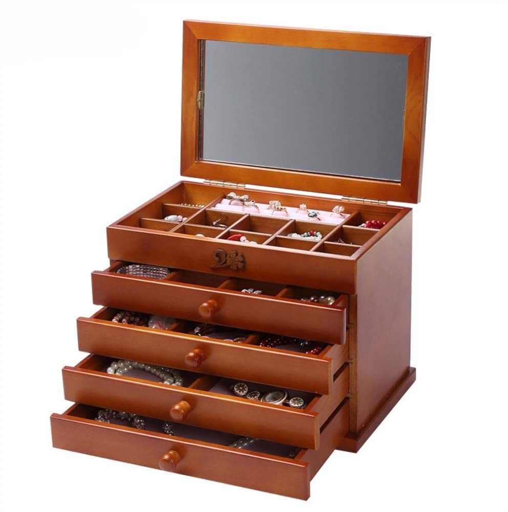 TIANQIHAO Wooden Jewelry Organizer, Jewelry Box For Girls Women, 5 Layer Jewelry Organizer Box, Travel Jewelry Case With Mirror For Rings, Earrings, Bracelets, Necklaces