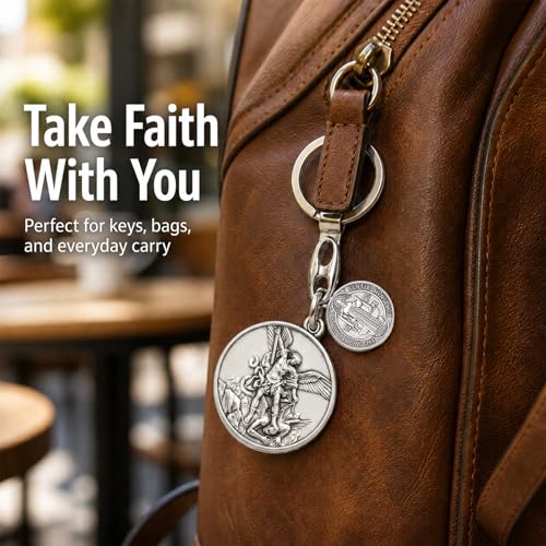 Image of St Michael Medals With St Benedict Keychain,Saint Michael With Saint Benedict Medal for Car,Catholic Religious Keychain,Medalla San Miguel Arcangel Adornos Llaveros Para Carros De Mujer Hombre