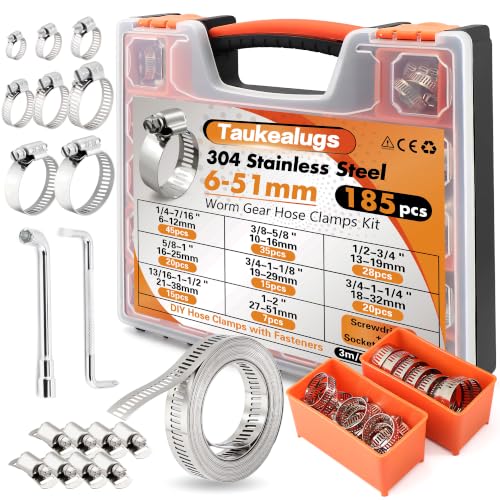 Image of 304 Stainless Steel Hose clamps Kit, Metal Strap and Strong Fasteners Set | 196PCS 1 /4 to 2 inch Worm Gear Clamp Assortment 8 Sizes and 10FT Band Strap for Automotive, Plumbing, Fuel Pipe and DIYers