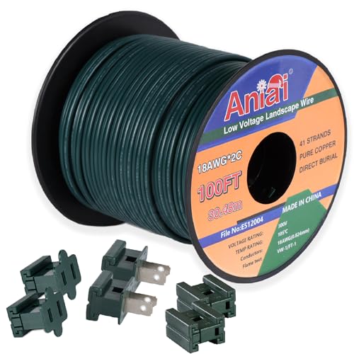 Aniai 18/2 SPT-2 Wire 100FT with 6PCS Vampire Plugs - Low Voltage Landscape Wire Electrical Wire - 18 Gauge Electrical Wire 2 Conductor - Green