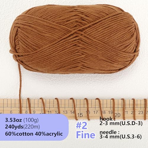 Image of LUCKY BALL Milk Cotton Yarn, 100g / 240 yd 60% Cotton 40% Acrylic #2 Fine Sport Yarn, Soft Crochet & Knitting Yarn for Amigurumi Dolls, Baby Items, Flowers, Hats, Sweaters, Blankets(Brown)