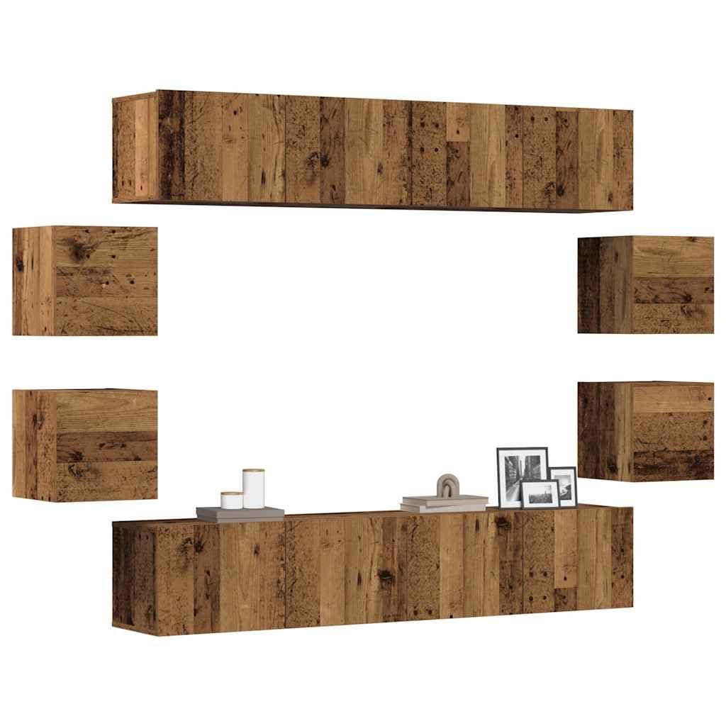 Juego de muebles de pared de 8 piezas en madera vieja de material a base de madera, estilo elegante y moderno con gran espacio de almacenamiento.