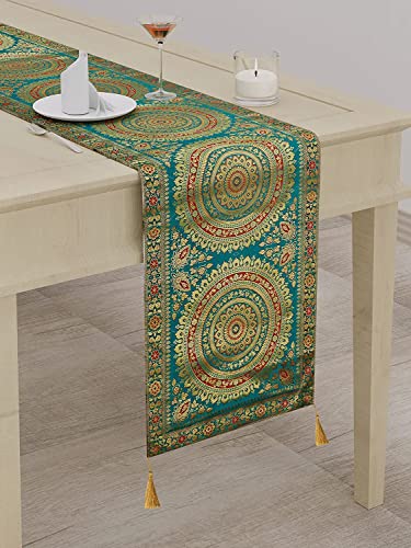Image of Diwali Decor Brocade Jacquard Silk Table Runner Long Runner for Dinning & Centre Table Mandala Print 72 x 16 Inches (Green)