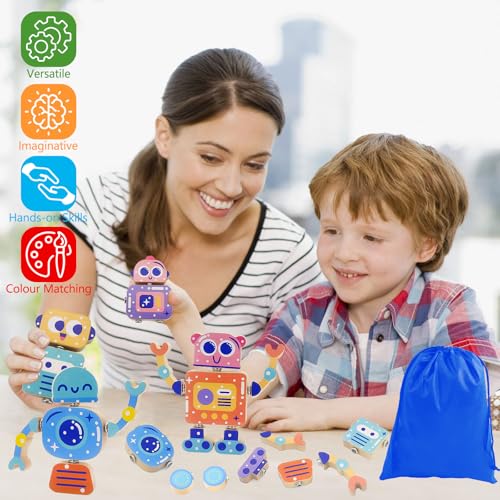 Robots Wooden Snap-Together Building Toys – 28-Piece STEM Montessori Educational Blocks for Toddlers Ages 3–6 | Fine Motor Skills Development | Safe, Durable, Creative Robot Toys Gift for Kids - Image 3