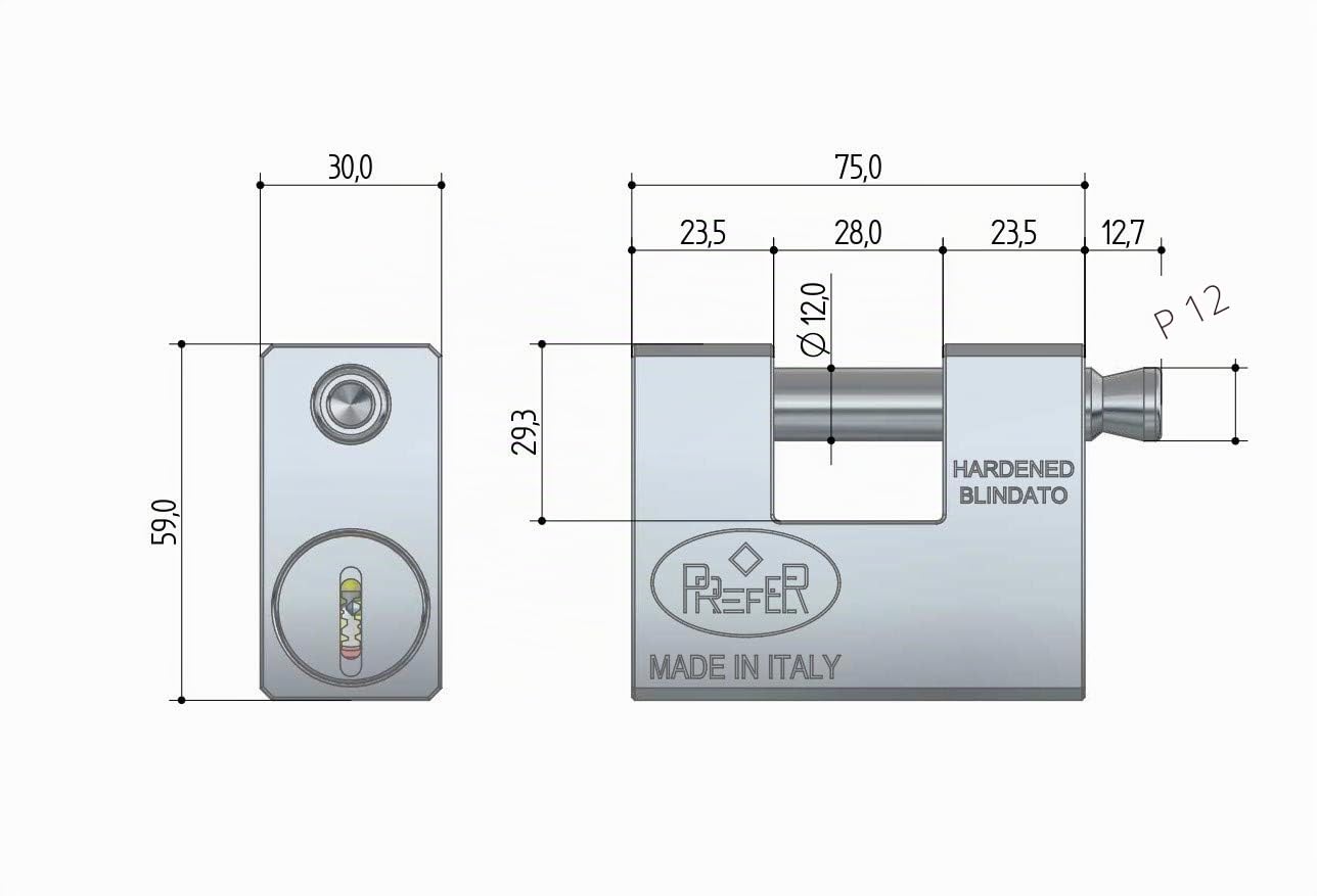 Prefer - Candado Blindado 30x60x75 mm con Llave Punzonada - Antirrobo, Antigrimaldello, Antiapertura, Alta Seguridad para Persianas y Puertas Exteriores
