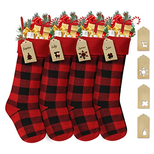 Christmas Stockings Personalized with Name Tags, Set of 4 Knit Christmas Stockings 18in, Buffalo Plaid Stockings Christmas for Family Holiday Party Christmas Decor , Buffalo Plaid , 4 Pack, Red Black