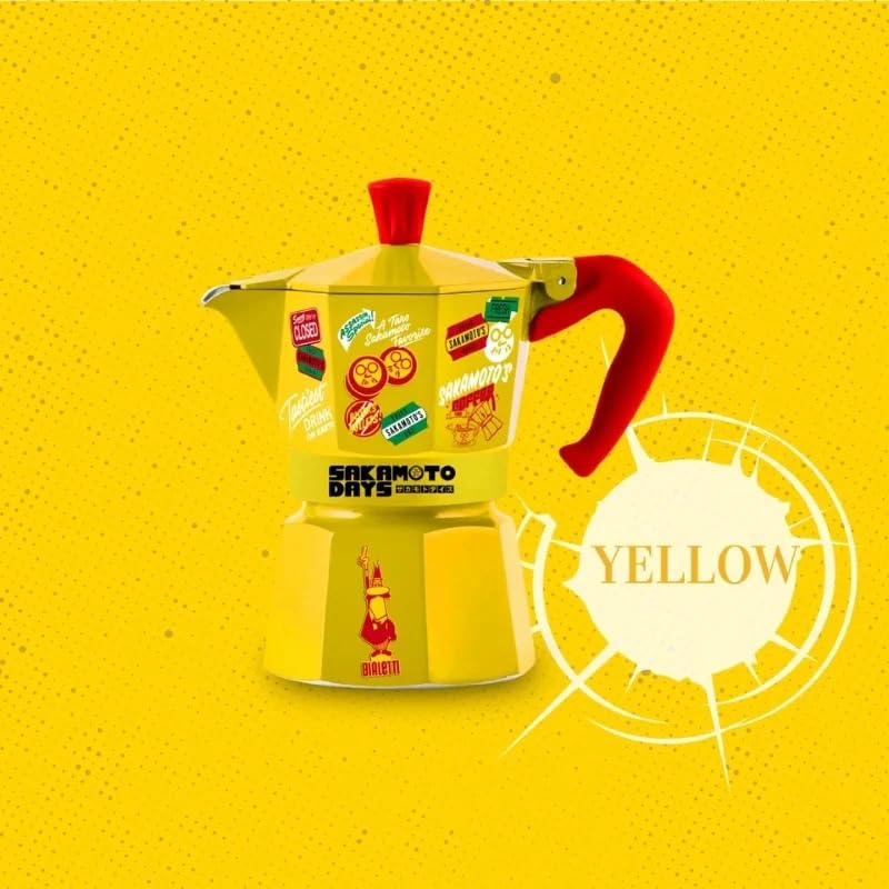 Image of BIALETTI SAKAMOTO DAYS 3 Cup Espresso Maker Yellow Espresso Maker and Macinetta