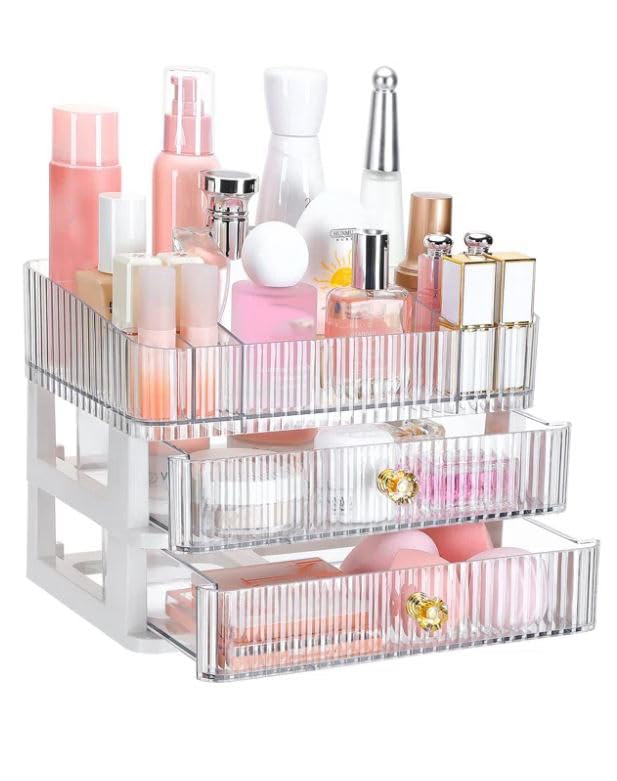 Cloyster Clear Makeup Organiser Tray 2-drawer Makeup Desk Organiser Skincare Organiser Dressing Table Makeup Organiser Acrylic Cosmetic Storage Box Makeup Organiser With Drawers For Vanity Bathroom