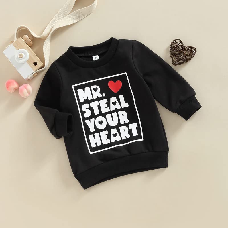 FYBITBO Toddler Baby Girl Boy Crewneck Sweatshirt Valentines Day Outfit Long Sleeve Pullover Shirt Top Spring Clothes (12-18 Months,Black Mr steal your heart)
